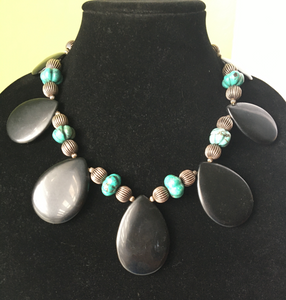 Black Tourmaline w/ Silver & Turquoise Beading Necklace Set