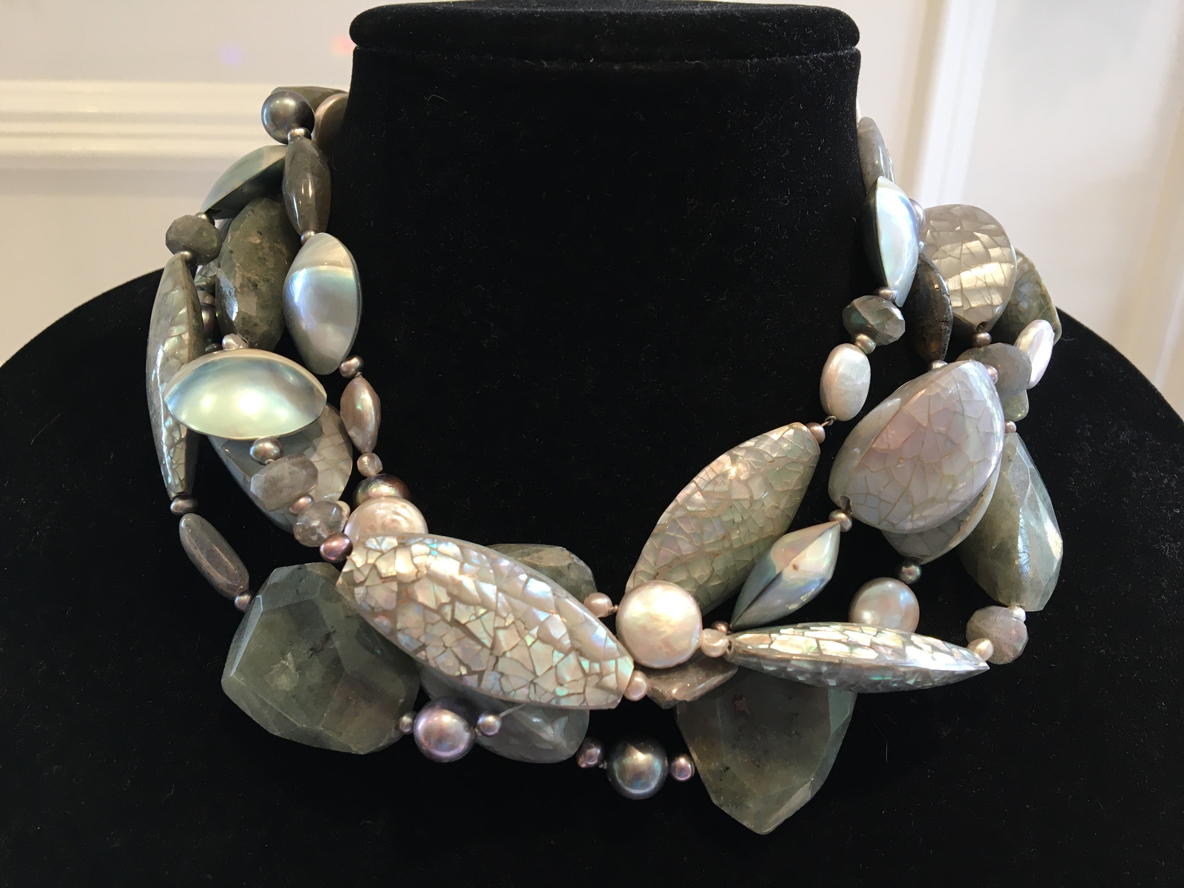 Grey Lace Agate Choker w/ Silver Seed Pearls